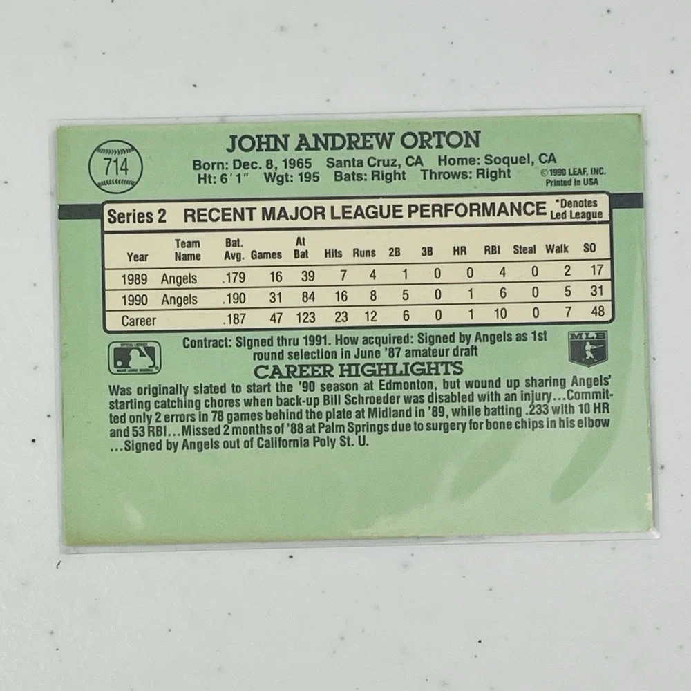 1991 Donruss 714 John Orton California Angels Baseball Trading Card